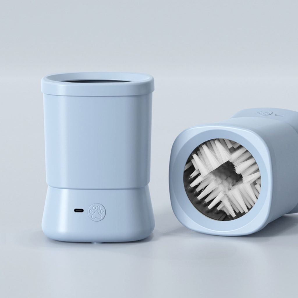 Blue automatic dog paw cleaner with the rotating brush insert shown