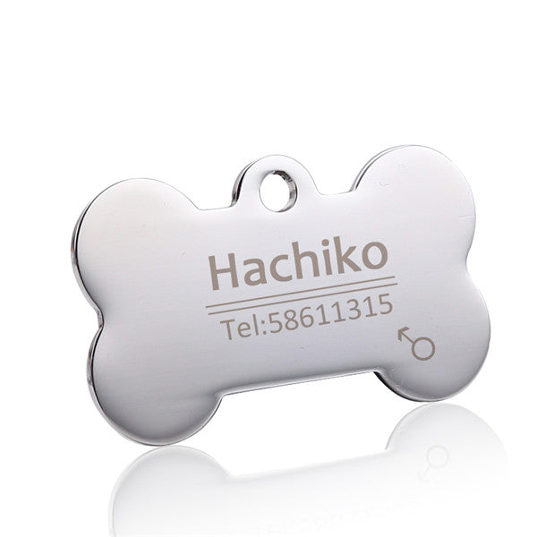 Silver bone-shaped pet ID tag with example engraving