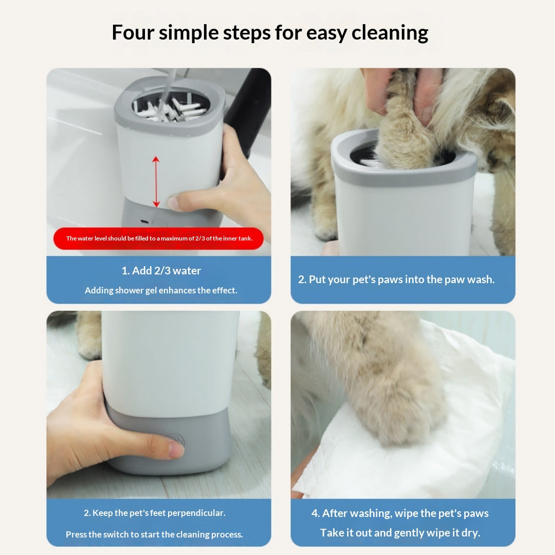 Four steps to clean a dog's paw with the automatic paw cleaner