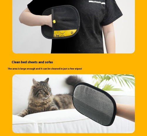 Pet hair removal glove cleaning cat hair off a white sofa and bed