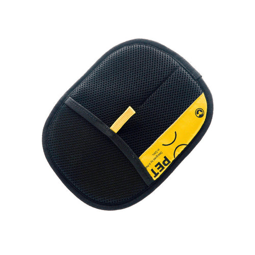 Black pet hair removal glove with yellow trim